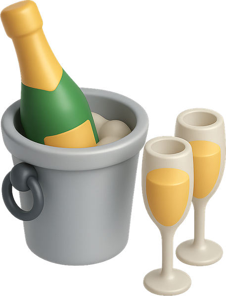 3D champagne bottle in an ice bucket with two glasses