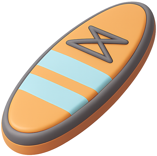 Glossy 3D surfboard riding the crest of the wave