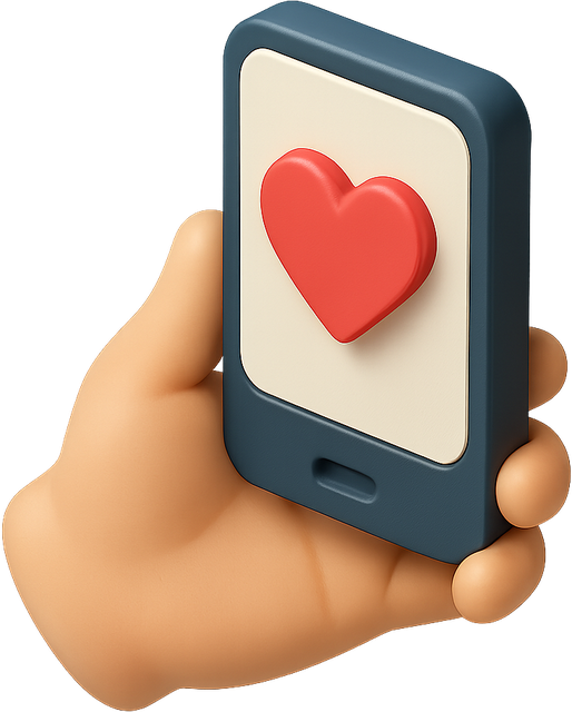 3D hand holding a phone with a heart on the screen