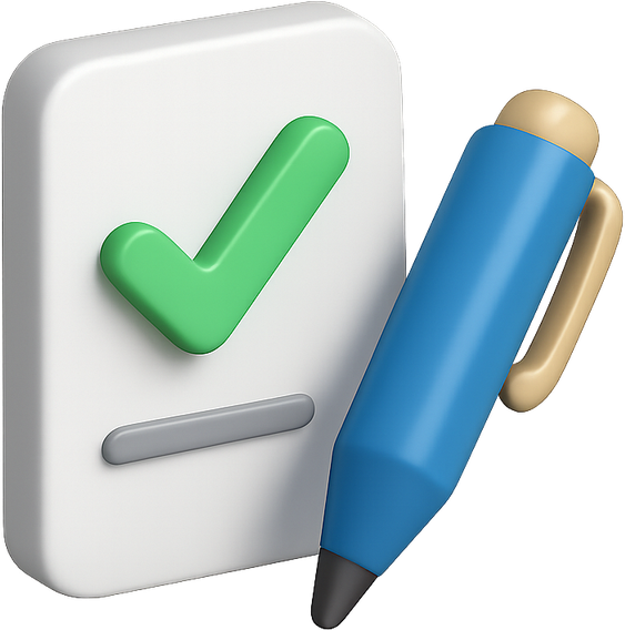 3D document with a green tick and a pen