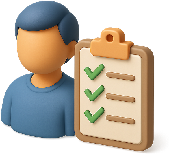 3D person next to a checklist clipboard