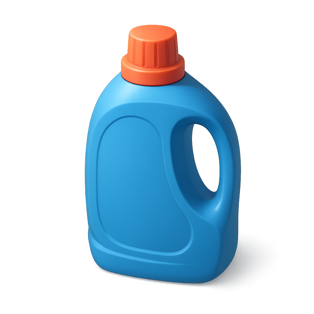 Blue laundry detergent bottle with an orange cap