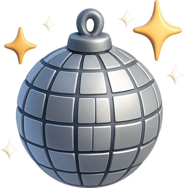 Silver 3D disco ball on a black album cover
