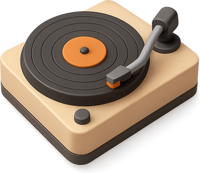 Glossy 3D record turntable on a red album cover