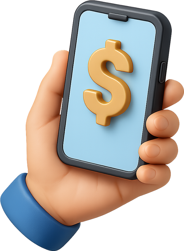 3D hand holding a phone with a gold dollar sign