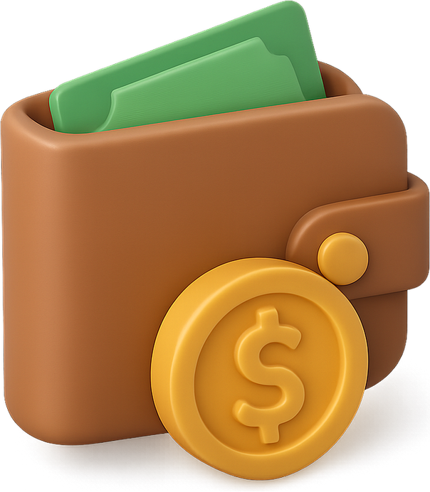 3D brown wallet with cash and a gold coin