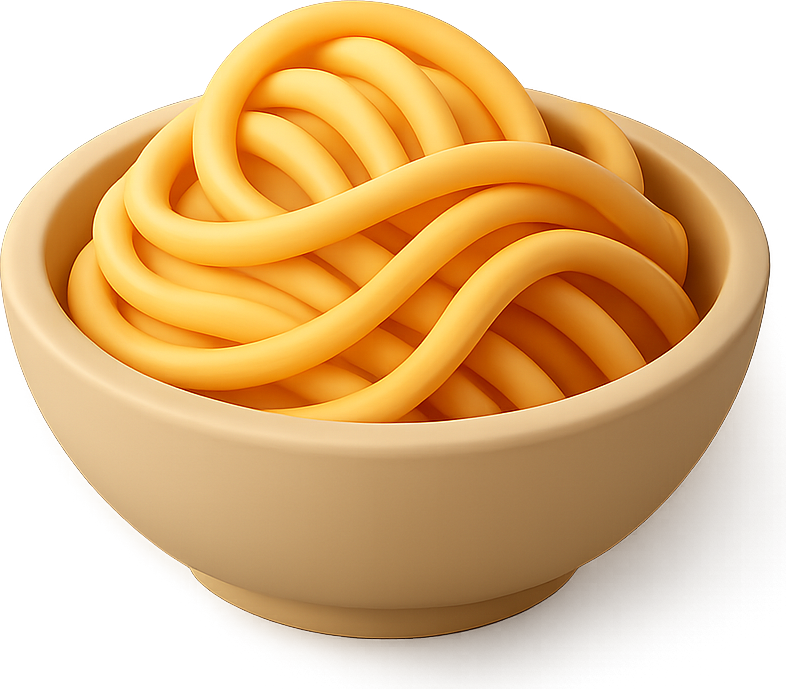 Glossy 3D bowl piled with golden ramen noodles
