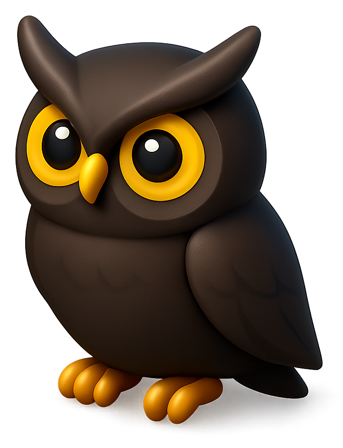 Night Owls mascot: a dark brown 3D owl with yellow eyes