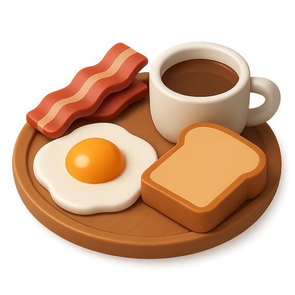 Brunch plate with egg, bacon, toast and coffee