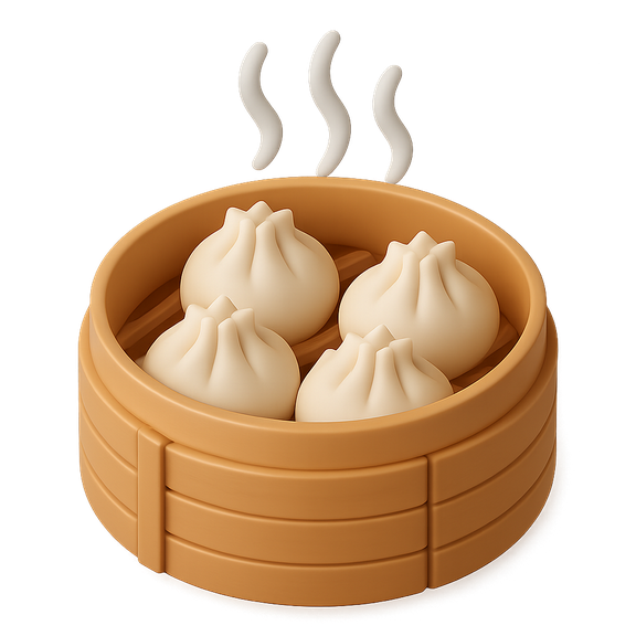 Steamed pork dumplings in a bamboo basket